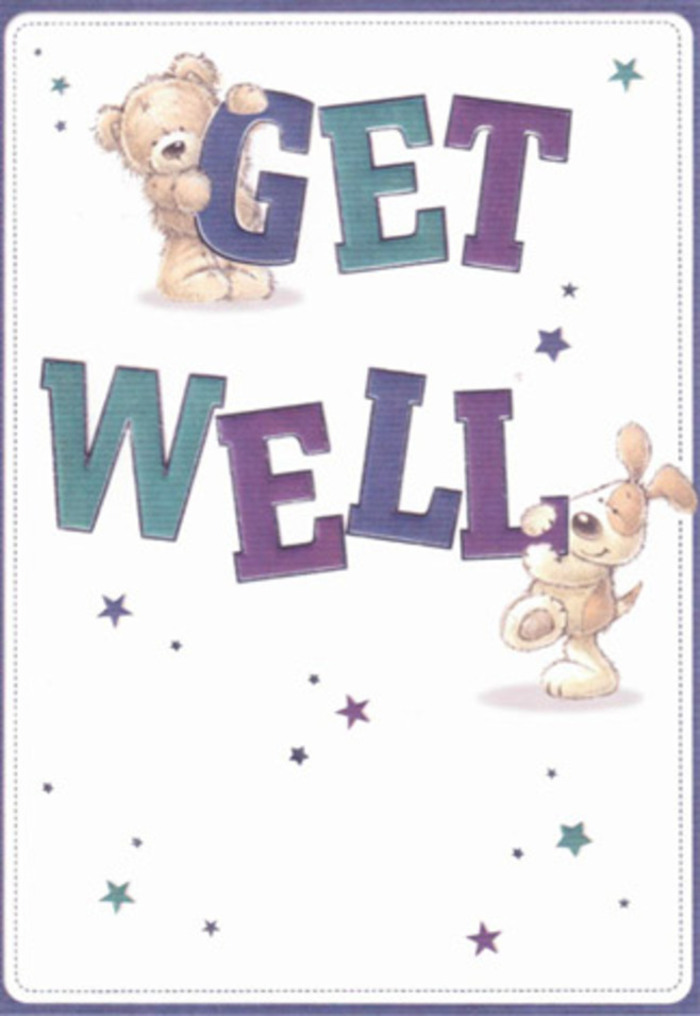 This enchanting get well card is a charming celebration of gentle encouragement, much like the supportive spirit woven through the Sipson community. Friendly illustrations depict a plush bear and an affectionate puppy, each thoughtfully drawn with attention to fuzzy textures and comforting expressions. Playful stars swirl about them, as if scattering a flurry of good wishes above the bold statement 'Get Well' accented in cheerful purples and aquas. The oversized typography is shaded with depth, grounding the design in optimistic reassurance while nodding to the tradition of handwritten notes often enclosed with blooms delivered from Florist Sipson. The characters' soft, tangible qualities-the bear's downy fur, the puppy's velvety ears-almost invite the recipient to reach out and touch. Picture this card nestled beside a hand-tied bouquet destined for a friend convalescing on Sipson Lane or recovering at home by the village green. The clean, airy background allows the joyful design to breathe, filling the moment with lightness that gently lifts the spirits of anyone feeling unwell. It's a visual gesture as thoughtful as any floral arrangement, perfectly expressing heartfelt care and local understanding.