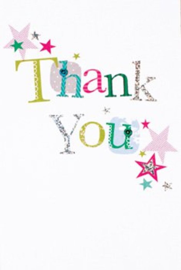 On this thank you card, the arrangement of vibrant letters immediately evokes a sense of both sophistication and playfulness, much like the serene walks through Sipson's green lanes. Each character carries a distinct personality-a whimsical curve here, a festive spot or stitched border there-blending classic and cheerful moods. The letters shine in a mix of shimmering silver, rosy pink, turquoise, and gentle green, their surface catching the light as delicately as dew on fresh petals at dawn. Nearby, lively clusters of stars-some streaked with shimmering pink, others gleaming teal or glinting silver-add a celebratory flourish, as if sprinkling a touch of magic over the card's message. The clean white background is airy and bright, offering the perfect stage for these colourful elements to shine, never overwhelming but always inviting. The design feels universally warm, suitable for any heartfelt thank you-whether paired with soft roses for a friend in Sipson's cottages or bright gerberas for a team at Heathrow. Its understated elegance, paired with a bouquet, creates a lasting impression-a true gesture of gratitude, crafted with the care and artistry that's the hallmark of our community.