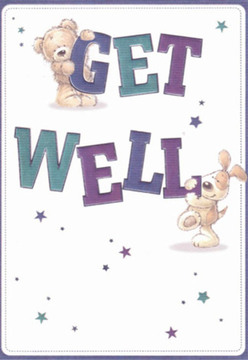 There's an immediate sense of comfort and gentle energy to this appealing get well card, a favourite among Sipson locals for brightening difficult days. The artwork is endearingly detailed: a cuddly teddy bear, rendered in soft browns and cream, grips the top of the word 'GET' with paws that invite affection, while a lovable puppy nestles below, its gaze filled with encouragement and playful hope. The two characters are crafted with rounded, huggable shapes and expressive eyes, instilling the scene with genuine emotional warmth. Deep purples and cool teals bring the text alive, their rich tones reminiscent of locally sourced blooms from Sipson's nearby flower markets. Shimmering stars, scattered generously around the card, evoke the magic and support that friends and family wish to share when someone isn't feeling their best. Against a crisp white background, this vibrant illustration glows with clarity-mirroring the sense of renewal and freshness a new bouquet from Florist Sipson brings to a hospital bedside near Heathrow or a quiet cottage off Sipson Road. Every detail, from the tactile brushstrokes to the lively composition, is imbued with nurturing care, turning a simple sentiment into a heartfelt embrace through art.